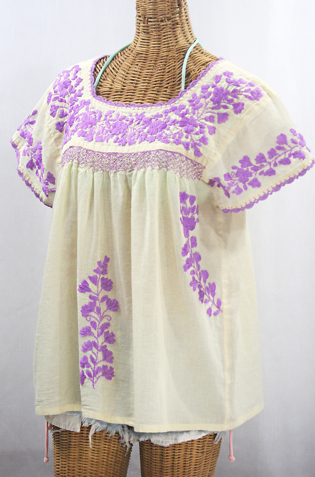 "La Marina Corta" Embroidered Mexican Peasant Blouse - Pale Yellow + Purple