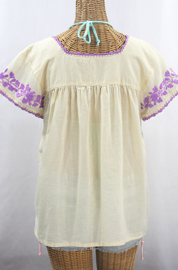 "La Marina Corta" Embroidered Mexican Peasant Blouse - Pale Yellow + Purple