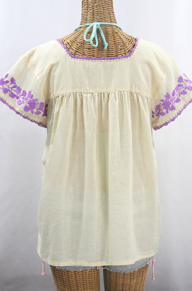 "La Marina Corta" Embroidered Mexican Peasant Blouse - Pale Yellow + Purple