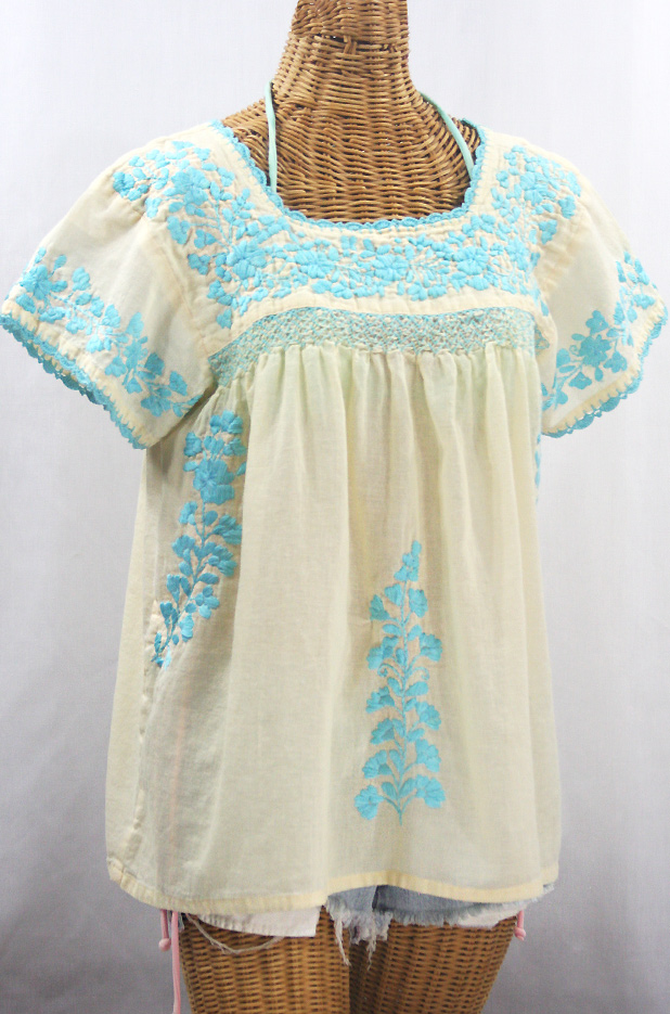 "La Marina Corta" Embroidered Mexican Peasant Blouse - Pale Yellow + Light Blue