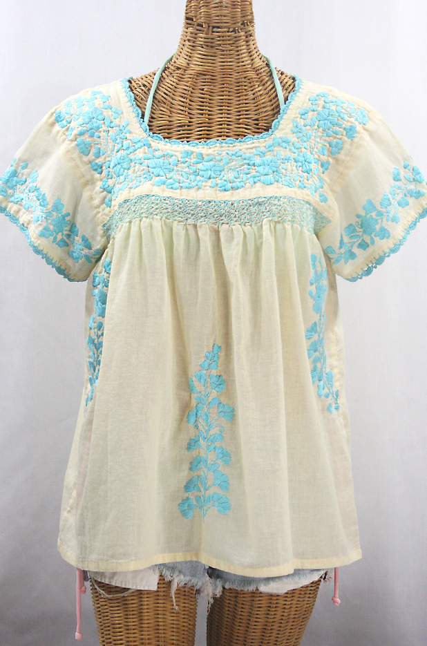 "La Marina Corta" Embroidered Mexican Peasant Blouse - Pale Yellow + Light Blue