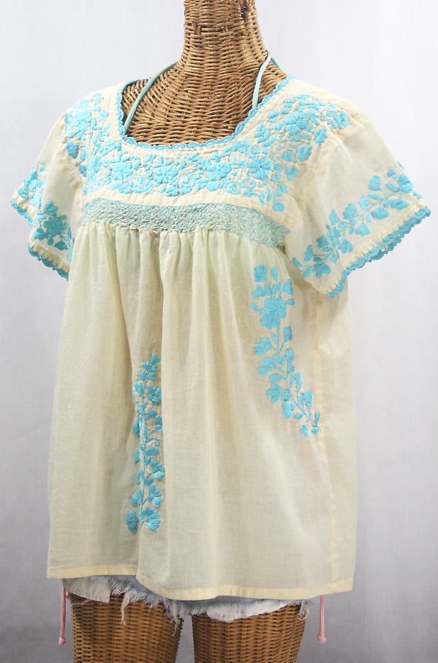 FINAL SALE -- "La Marina Corta" Embroidered Mexican Peasant Blouse - Pale Yellow + Light Blue