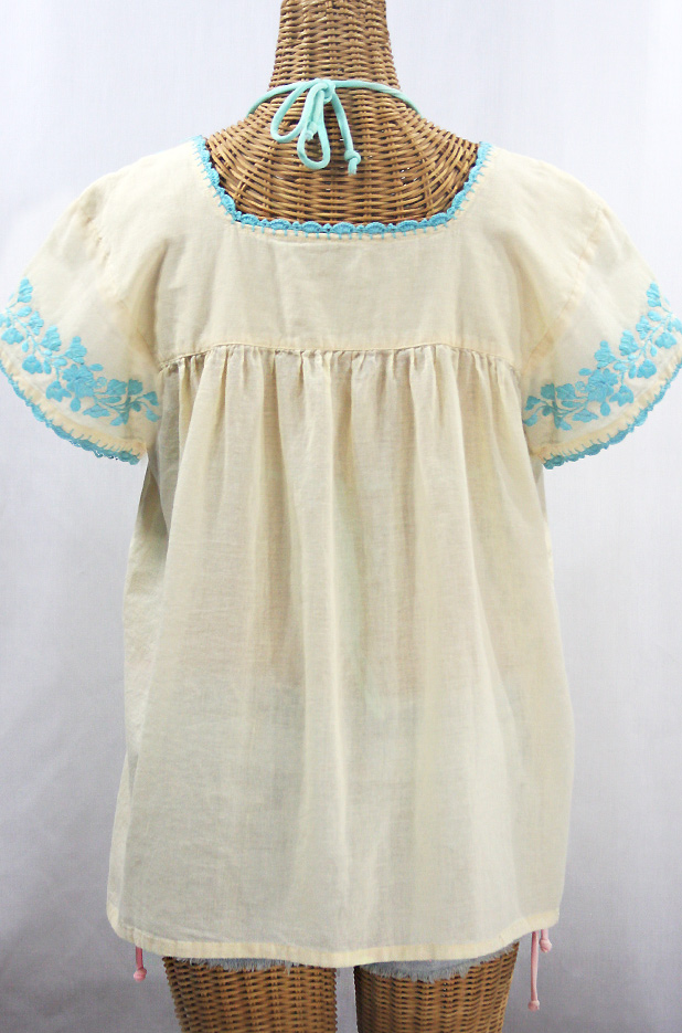 "La Marina Corta" Embroidered Mexican Peasant Blouse - Pale Yellow + Light Blue