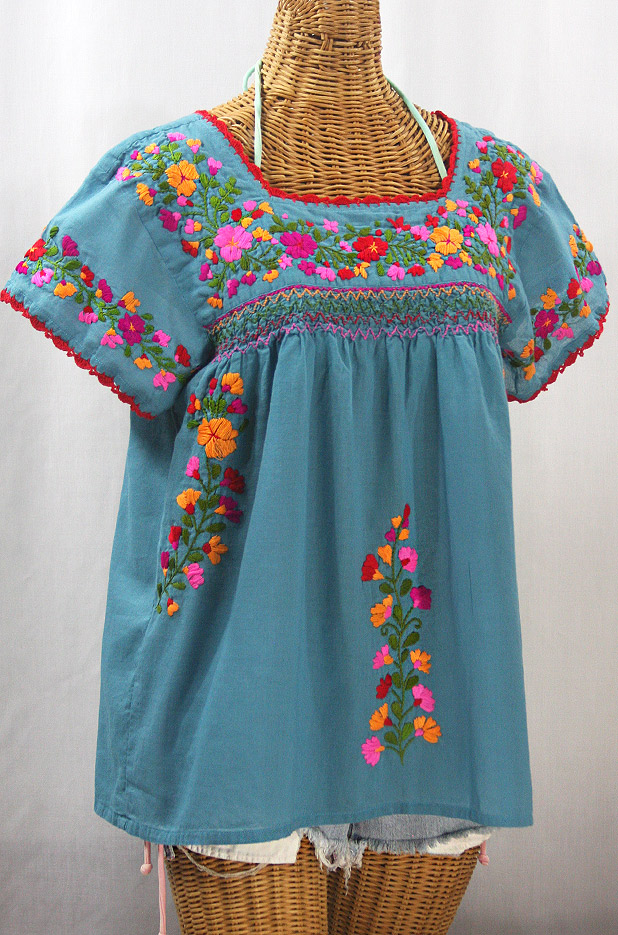 "La Marina Corta" Embroidered Mexican Peasant Blouse - Pool Blue + Bright Mix