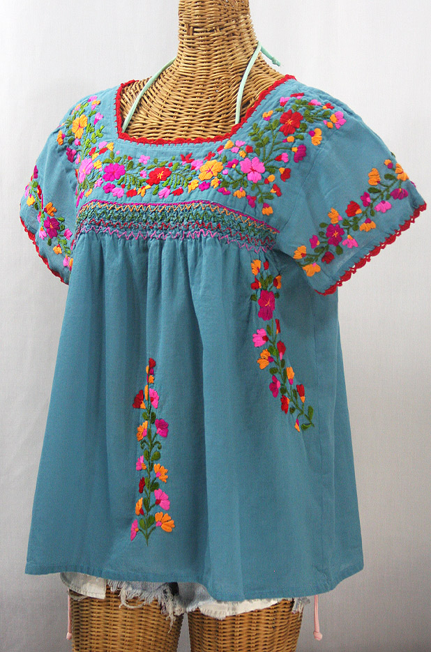 "La Marina Corta" Embroidered Mexican Peasant Blouse - Pool Blue + Bright Mix