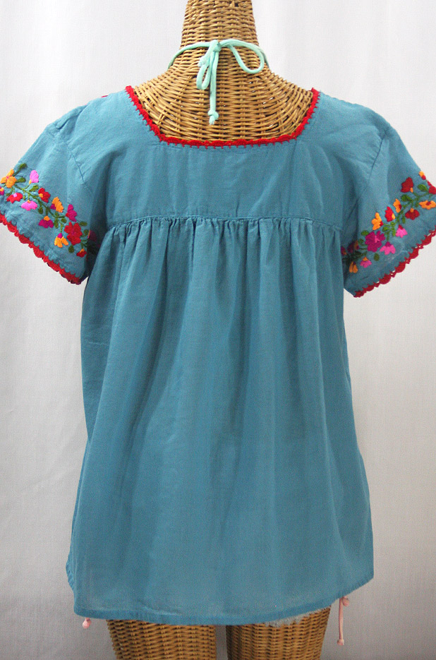 "La Marina Corta" Embroidered Mexican Peasant Blouse - Pool Blue + Bright Mix