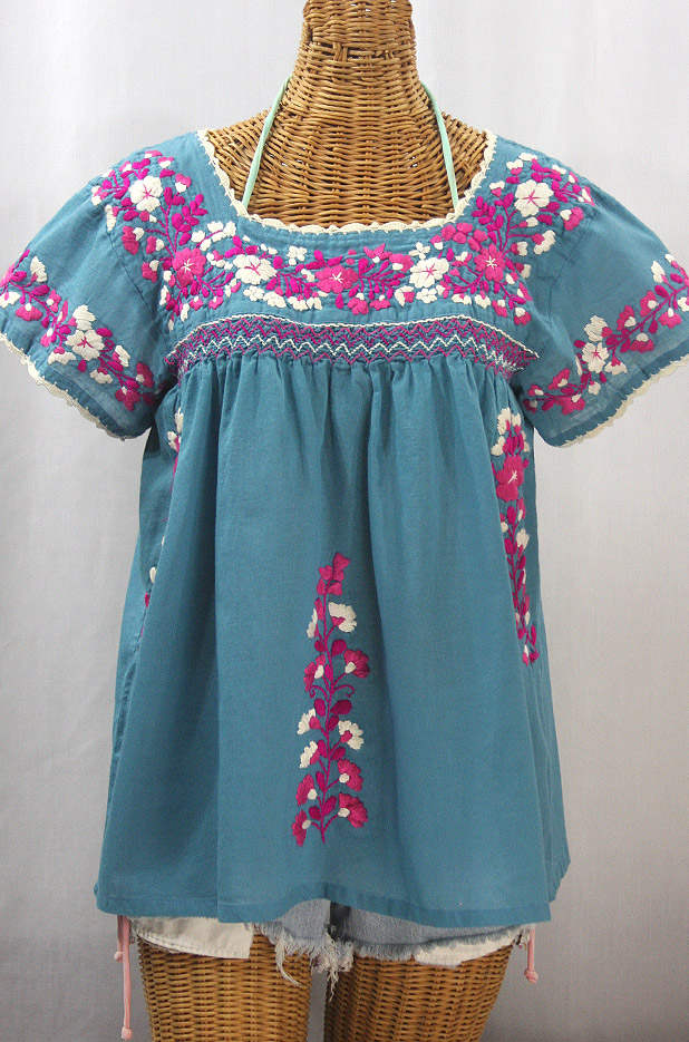 "La Marina Corta" Embroidered Mexican Peasant Blouse - Pool Blue + Bright Pink Mix