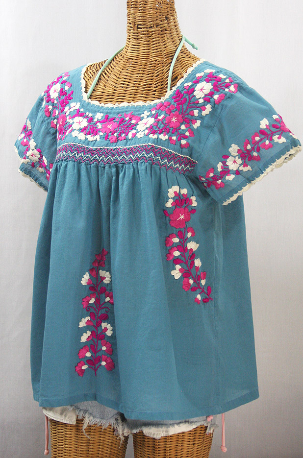 "La Marina Corta" Embroidered Mexican Peasant Blouse - Pool Blue + Bright Pink Mix