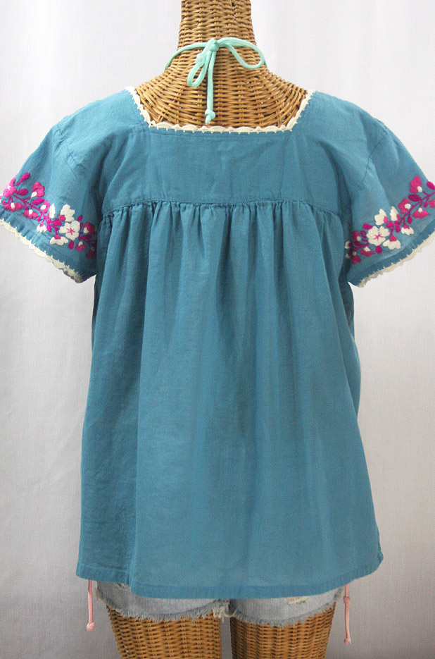 "La Marina Corta" Embroidered Mexican Peasant Blouse - Pool Blue + Bright Pink Mix