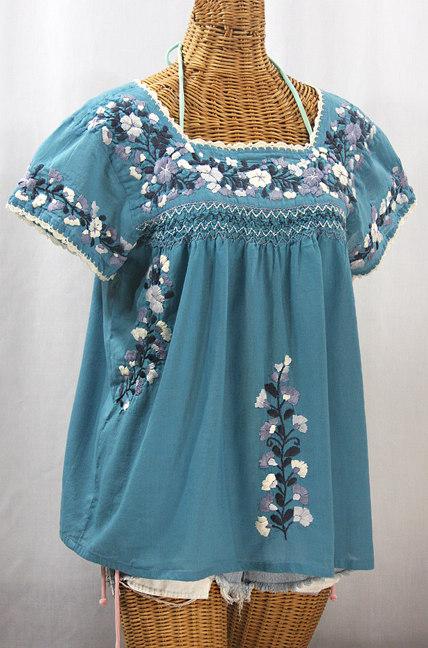 "La Marina Corta" Embroidered Mexican Peasant Blouse - Pool Blue + Grey Mix