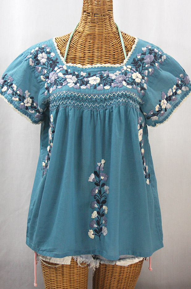 "La Marina Corta" Embroidered Mexican Peasant Blouse - Pool Blue + Grey Mix