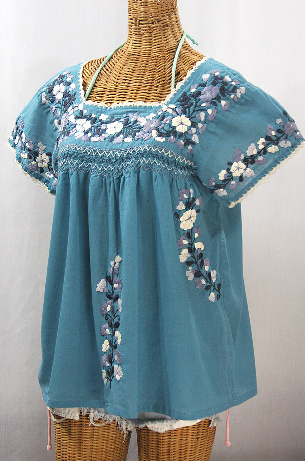 "La Marina Corta" Embroidered Mexican Peasant Blouse - Pool Blue + Grey Mix