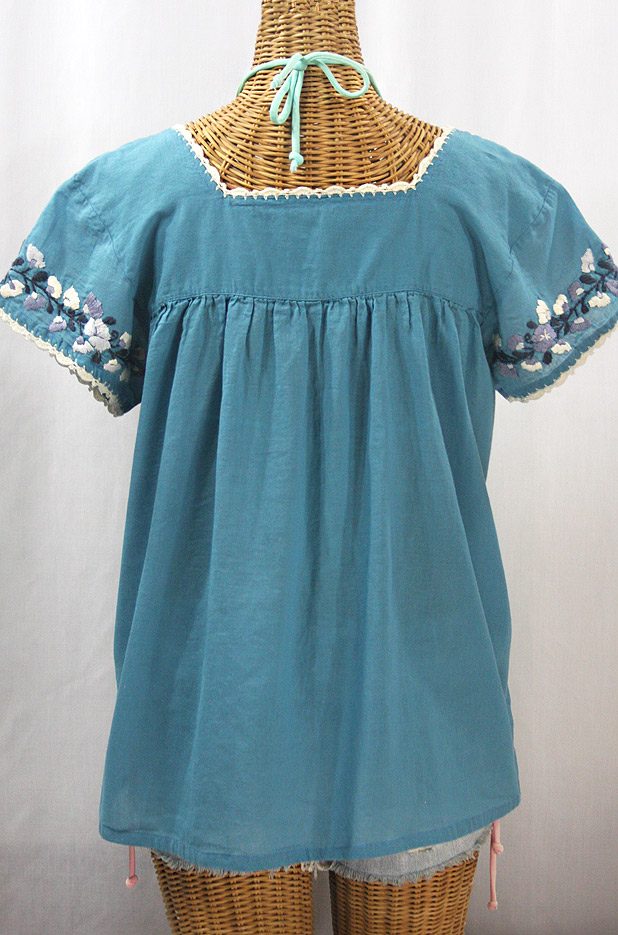 "La Marina Corta" Embroidered Mexican Peasant Blouse - Pool Blue + Grey Mix