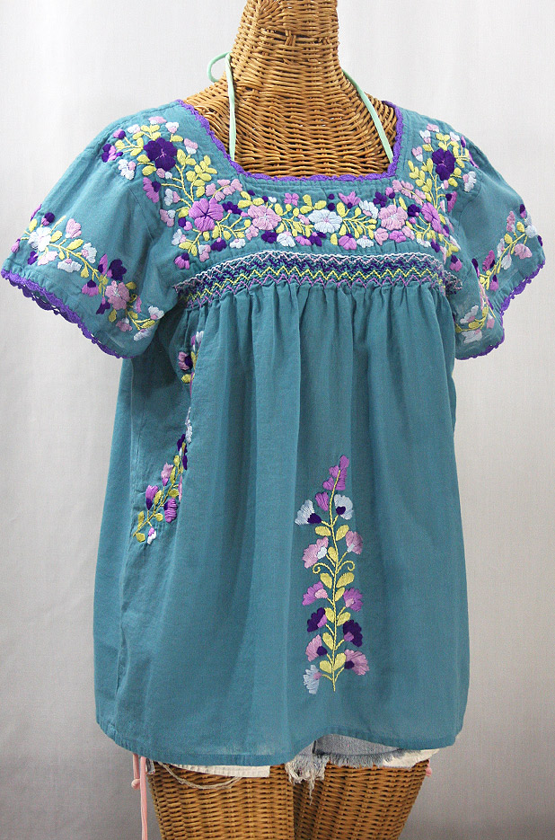 "La Marina Corta" Embroidered Mexican Peasant Blouse - Pool Blue + Purple Mix