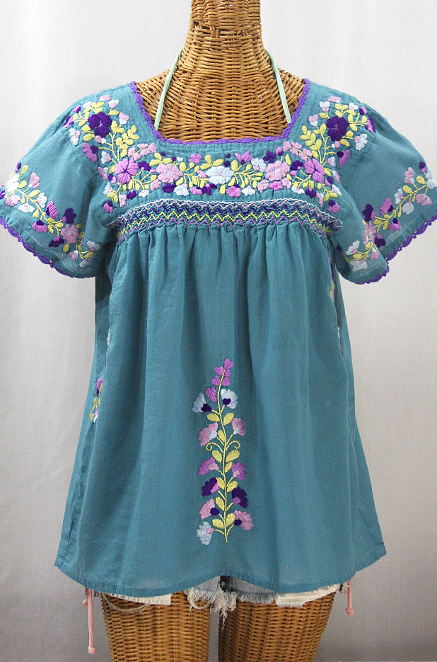 "La Marina Corta" Embroidered Mexican Peasant Blouse - Pool Blue + Purple Mix