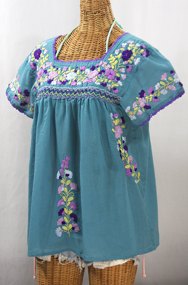 "La Marina Corta" Embroidered Mexican Peasant Blouse - Pool Blue + Purple Mix