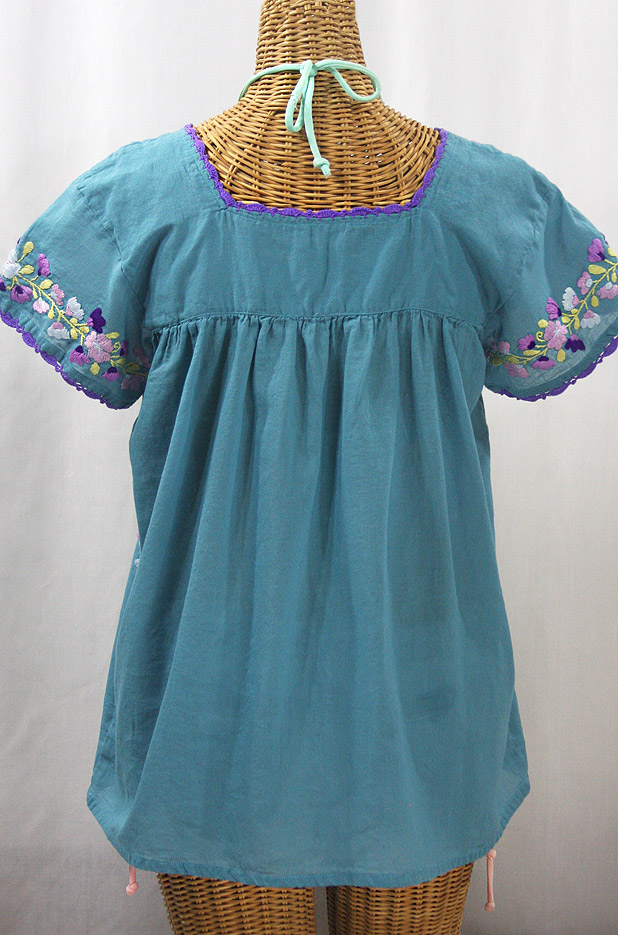 "La Marina Corta" Embroidered Mexican Peasant Blouse - Pool Blue + Purple Mix