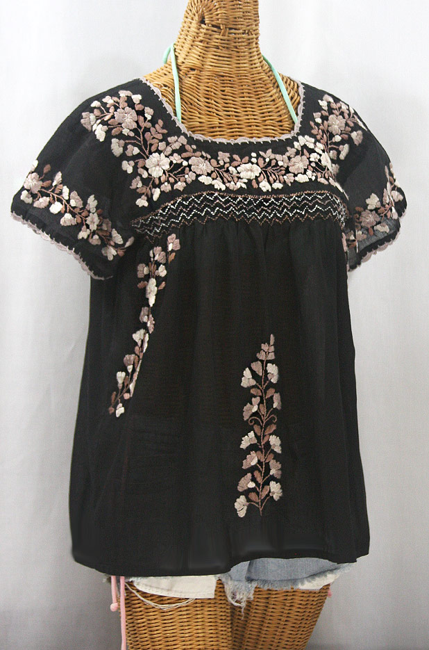 "La Marina Corta" Embroidered Mexican Peasant Blouse - Black + Cocoa Mix