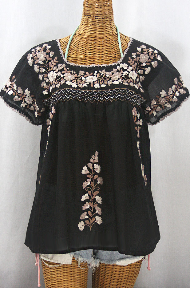 "La Marina Corta" Embroidered Mexican Peasant Blouse - Black + Cocoa Mix