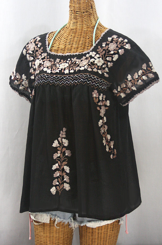 "La Marina Corta" Embroidered Mexican Peasant Blouse - Black + Cocoa Mix