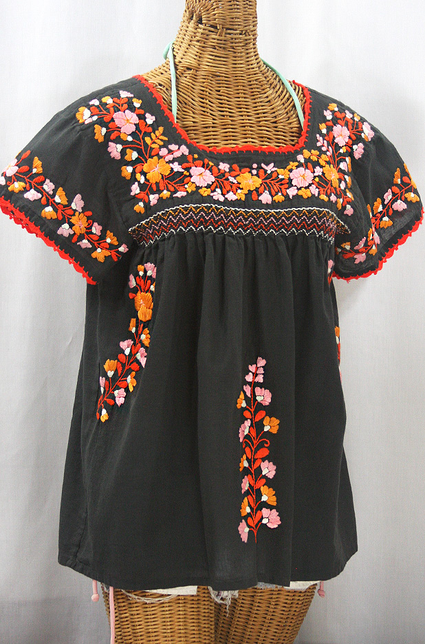 "La Marina Corta" Embroidered Mexican Peasant Blouse - Charcoal + Orange Mix