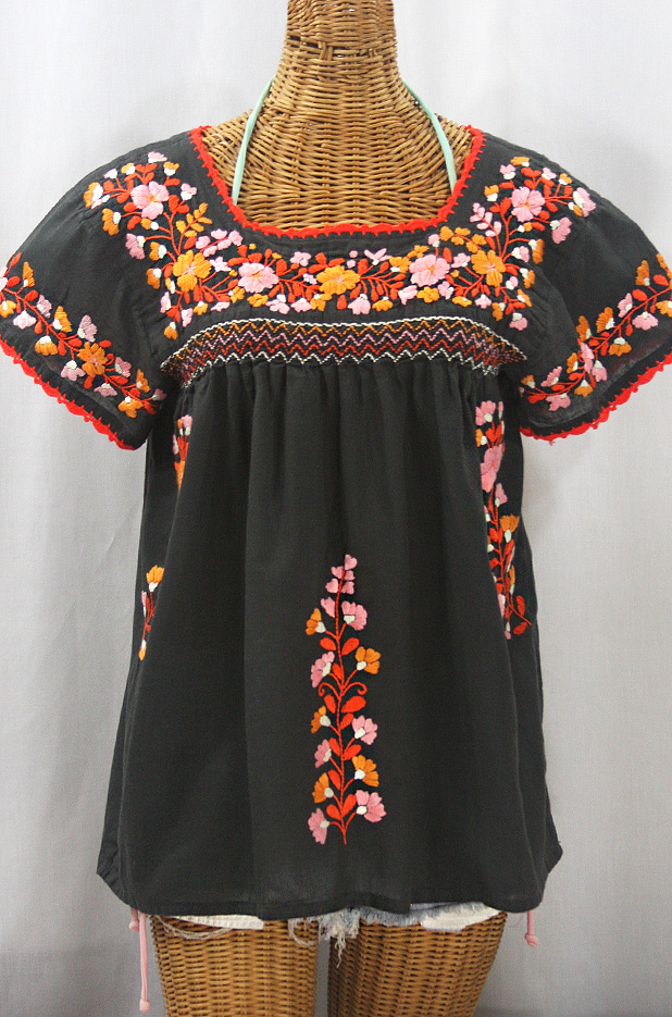 "La Marina Corta" Embroidered Mexican Peasant Blouse - Charcoal + Orange Mix