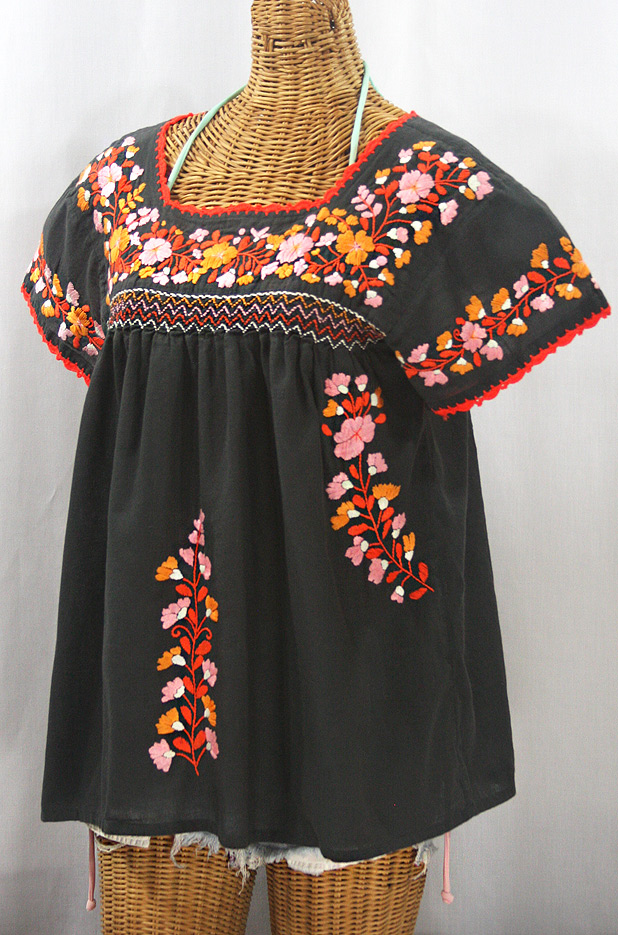 "La Marina Corta" Embroidered Mexican Peasant Blouse - Charcoal + Orange Mix