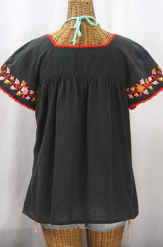 "La Marina Corta" Embroidered Mexican Peasant Blouse - Charcoal + Orange Mix