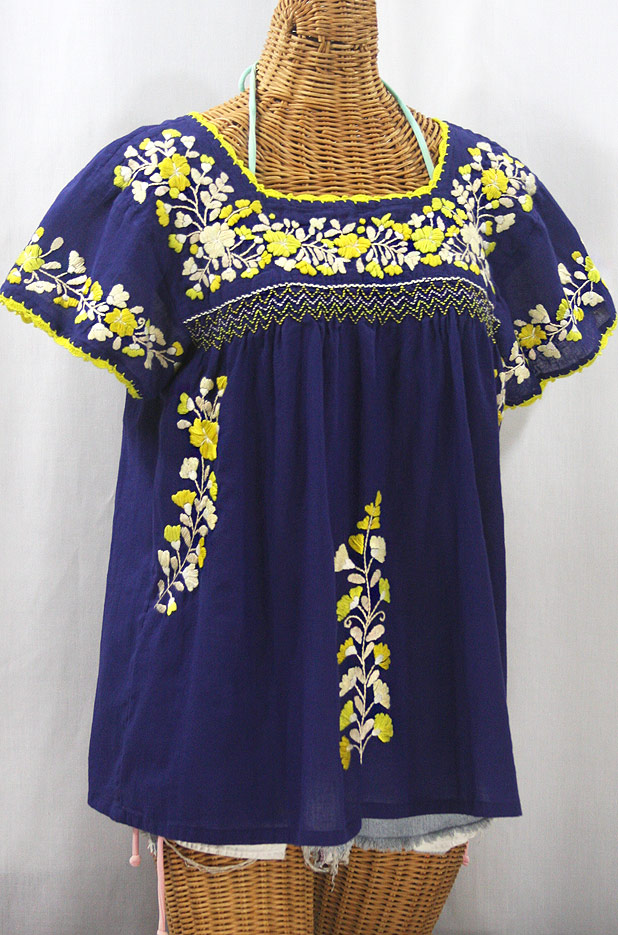 "La Marina Corta" Embroidered Mexican Peasant Blouse - Denim Blue + Yellow Mix