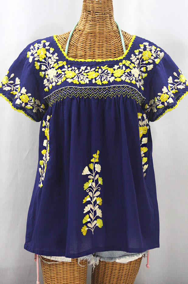 "La Marina Corta" Embroidered Mexican Peasant Blouse - Denim Blue + Yellow Mix