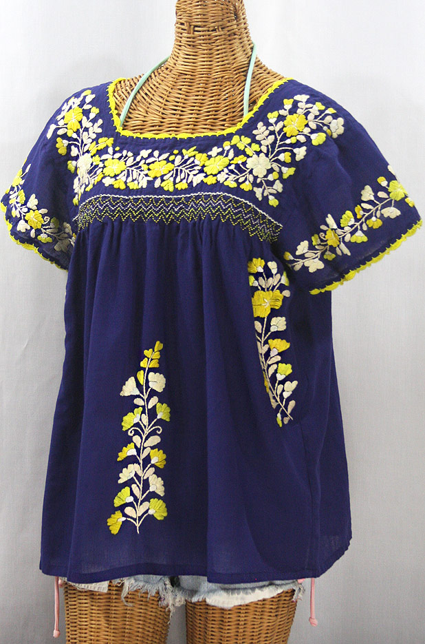 "La Marina Corta" Embroidered Mexican Peasant Blouse - Denim Blue + Yellow Mix