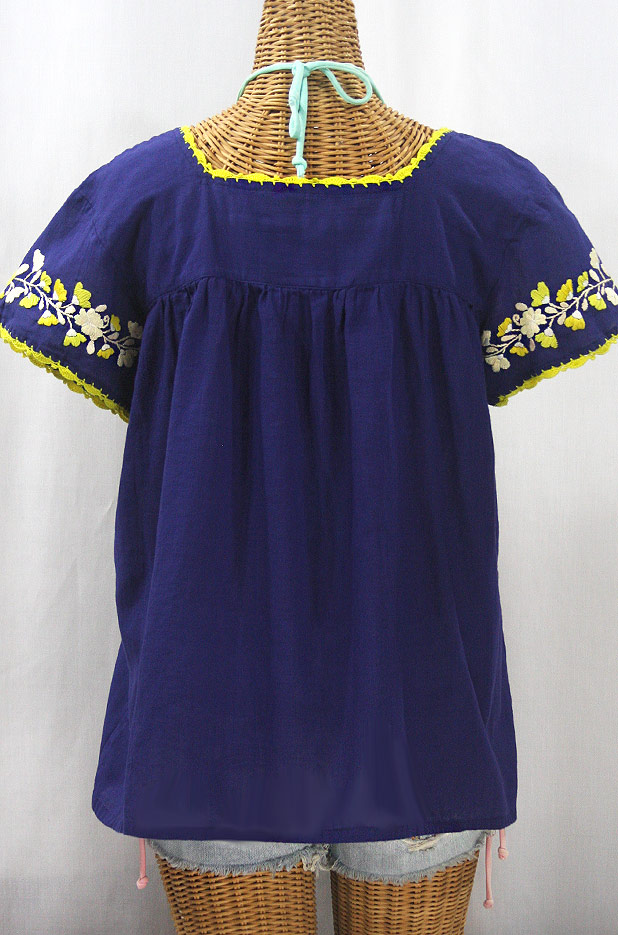 "La Marina Corta" Embroidered Mexican Peasant Blouse - Denim Blue + Yellow Mix