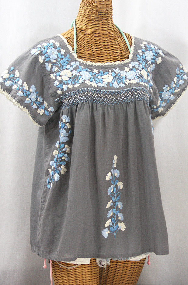 "La Marina Corta" Embroidered Mexican Peasant Blouse - Medium Grey + Blue Mix