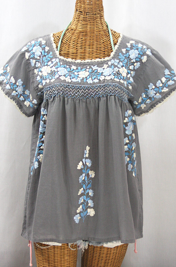 "La Marina Corta" Embroidered Mexican Peasant Blouse - Medium Grey + Blue Mix