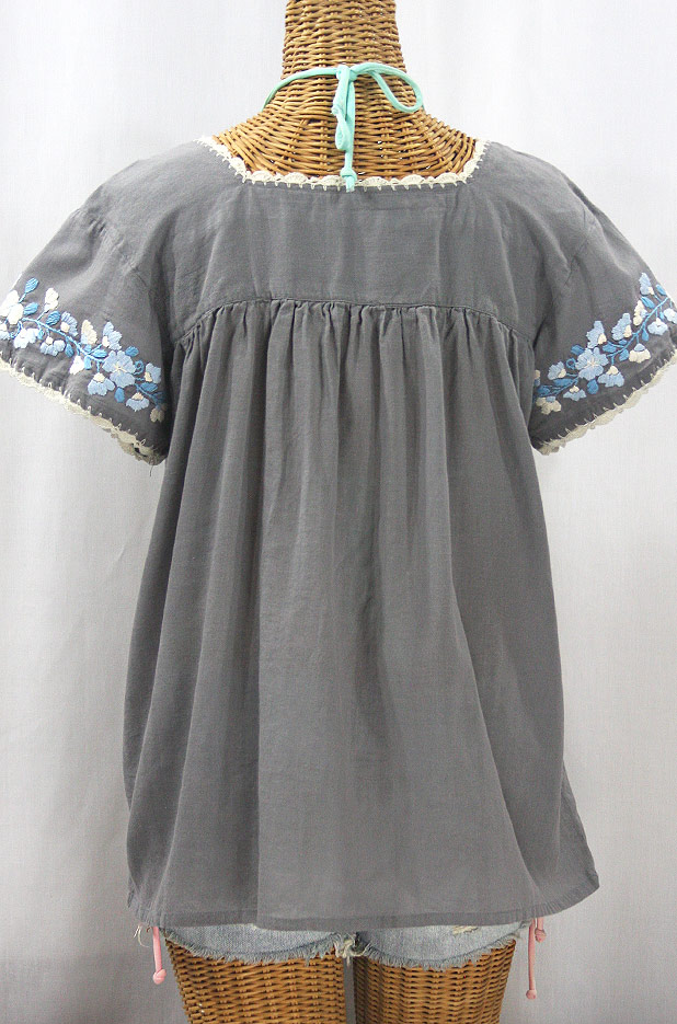 "La Marina Corta" Embroidered Mexican Peasant Blouse - Medium Grey + Blue Mix