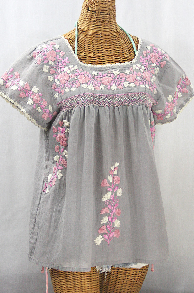 "La Marina Corta" Embroidered Mexican Peasant Blouse - Grey + Pink Mix