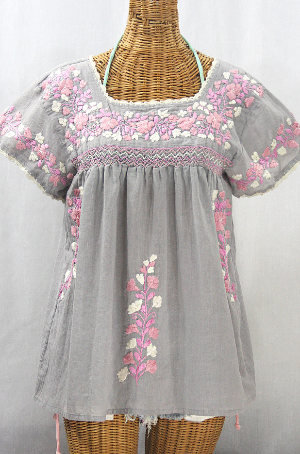 "La Marina Corta" Embroidered Mexican Peasant Blouse - Grey + Pink Mix