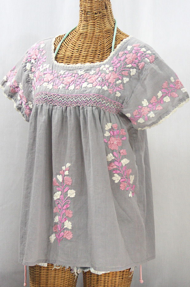 "La Marina Corta" Embroidered Mexican Peasant Blouse - Grey + Pink Mix