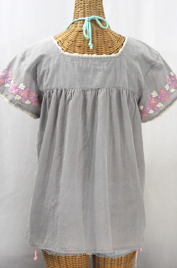 "La Marina Corta" Embroidered Mexican Peasant Blouse - Grey + Pink Mix