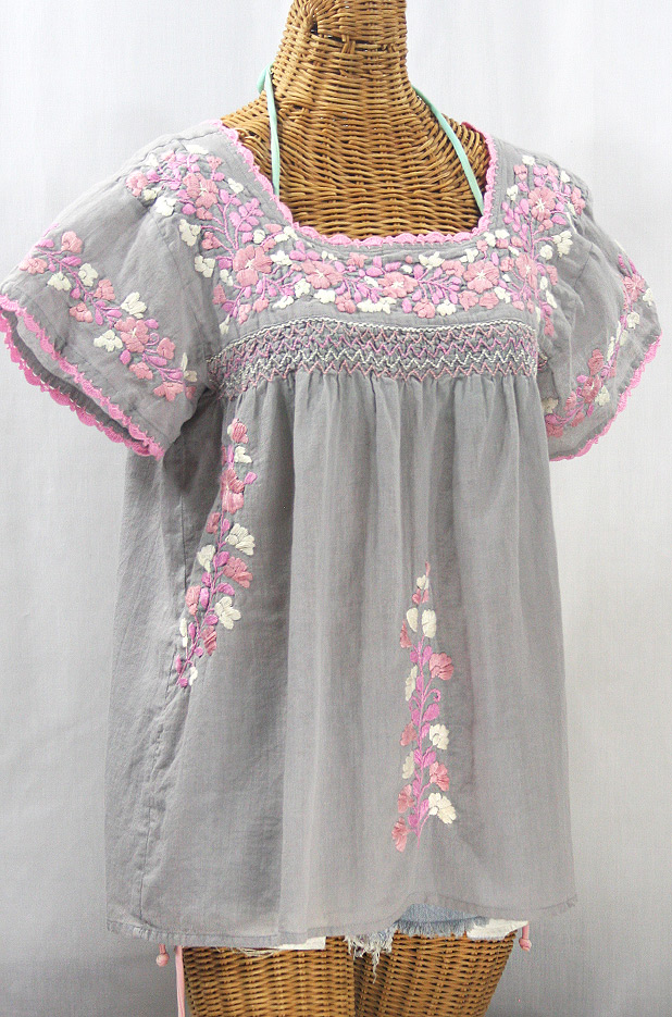 "La Marina Corta" Embroidered Mexican Peasant Blouse - Grey + Pink Mix