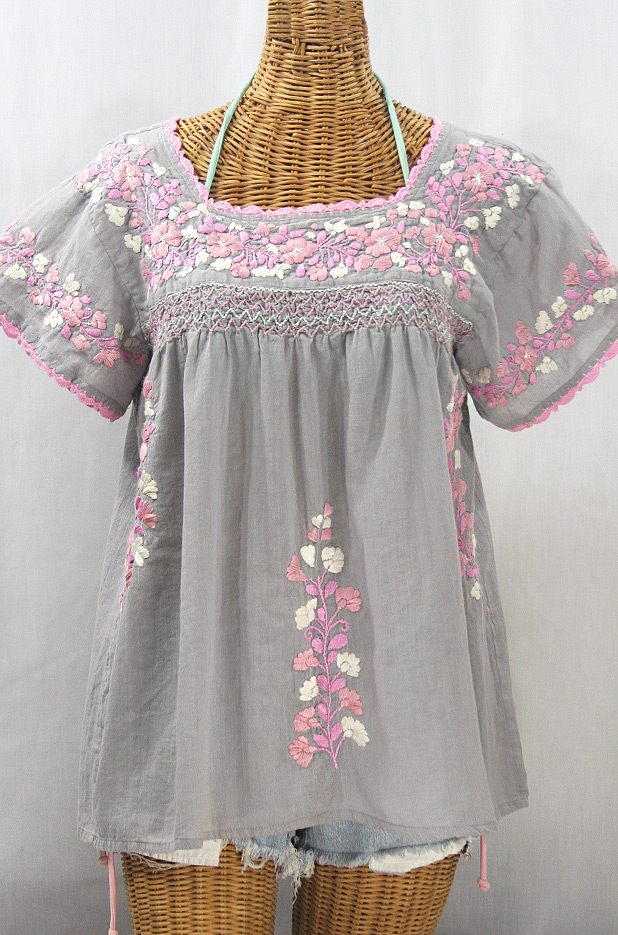 "La Marina Corta" Embroidered Mexican Peasant Blouse - Grey + Pink Mix