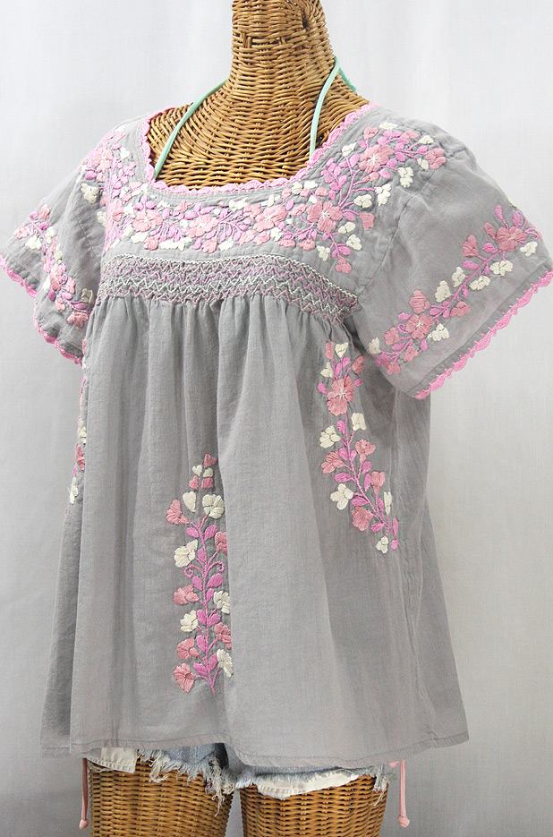 "La Marina Corta" Embroidered Mexican Peasant Blouse - Grey + Pink Mix