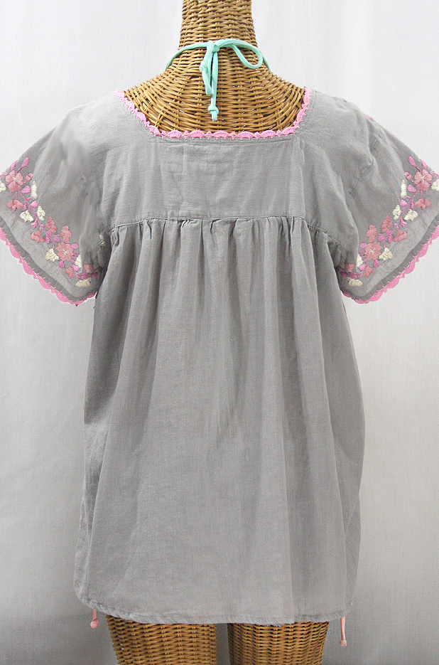 "La Marina Corta" Embroidered Mexican Peasant Blouse - Grey + Pink Mix