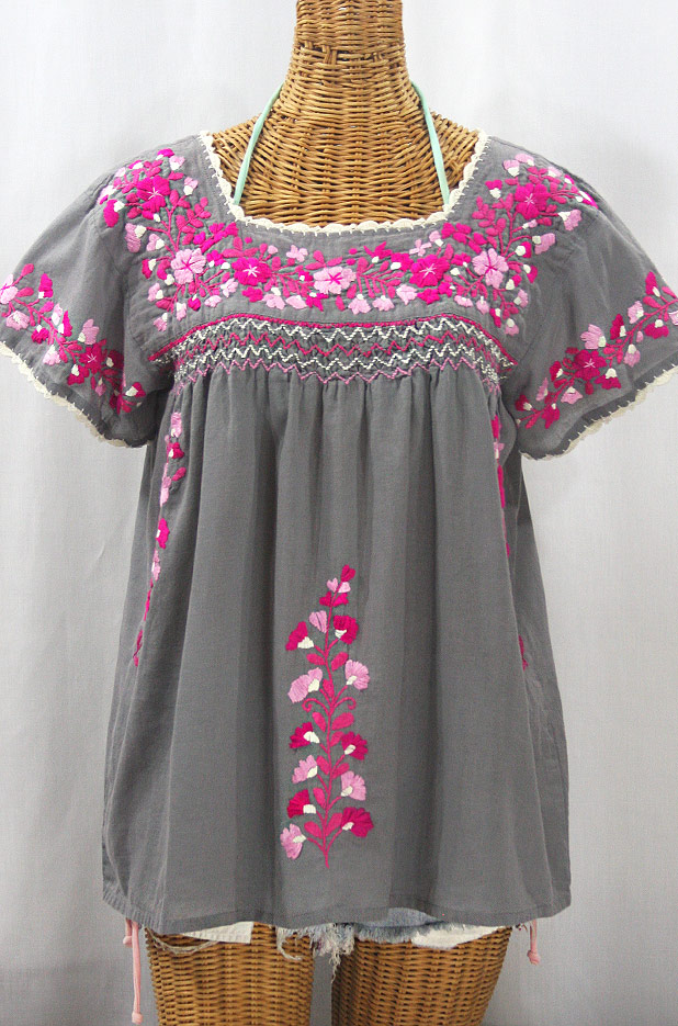 "La Marina Corta" Embroidered Mexican Peasant Blouse - Medium Grey + Bright Pink Mix