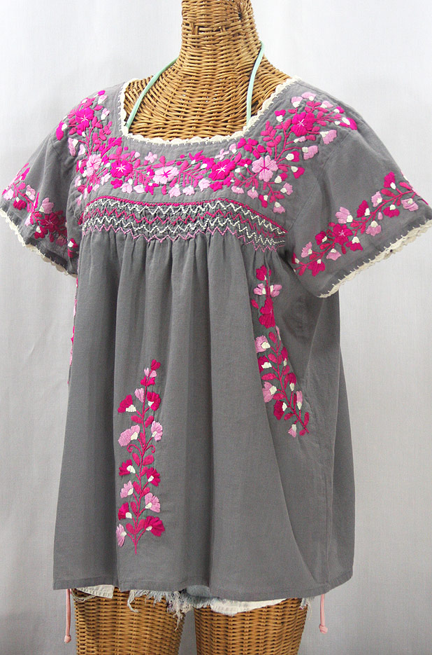 "La Marina Corta" Embroidered Mexican Peasant Blouse - Medium Grey + Bright Pink Mix