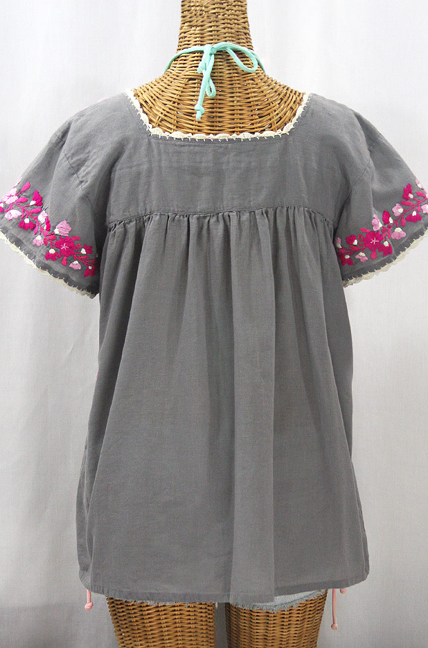 "La Marina Corta" Embroidered Mexican Peasant Blouse - Medium Grey + Bright Pink Mix