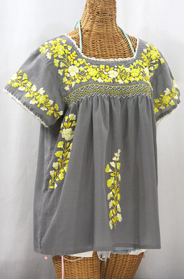 "La Marina Corta" Embroidered Mexican Peasant Blouse - Medium Grey + Yellow Mix