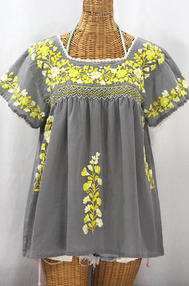 "La Marina Corta" Embroidered Mexican Peasant Blouse - Medium Grey + Yellow Mix