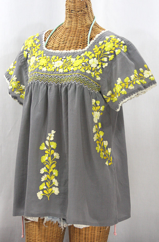 "La Marina Corta" Embroidered Mexican Peasant Blouse - Medium Grey + Yellow Mix