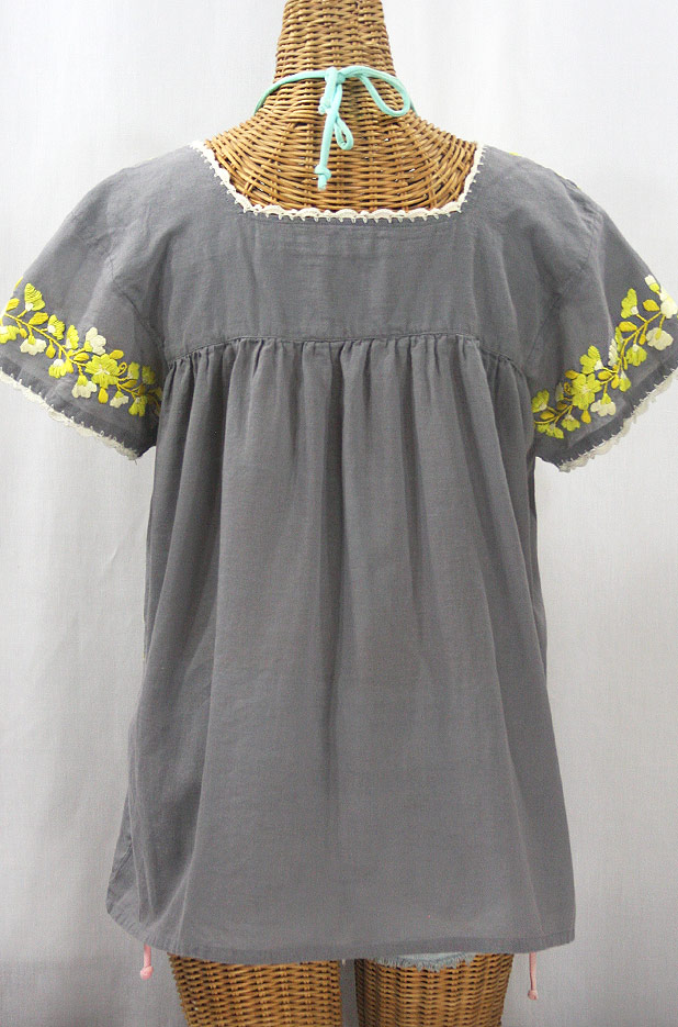 "La Marina Corta" Embroidered Mexican Peasant Blouse - Medium Grey + Yellow Mix